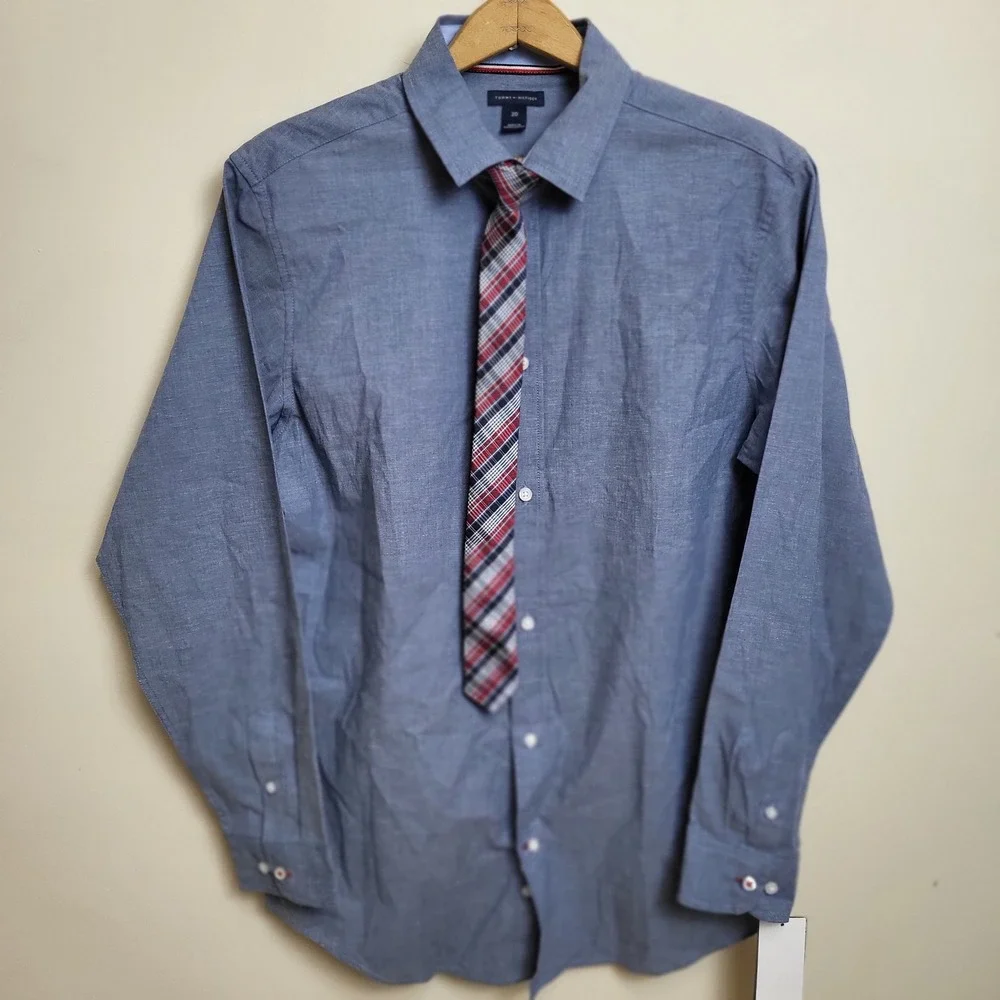 Tommy Hilfiger Boys Sz 20 Blue Chambray Button Down Shirt‎ Plaid Clip On Tie NWT